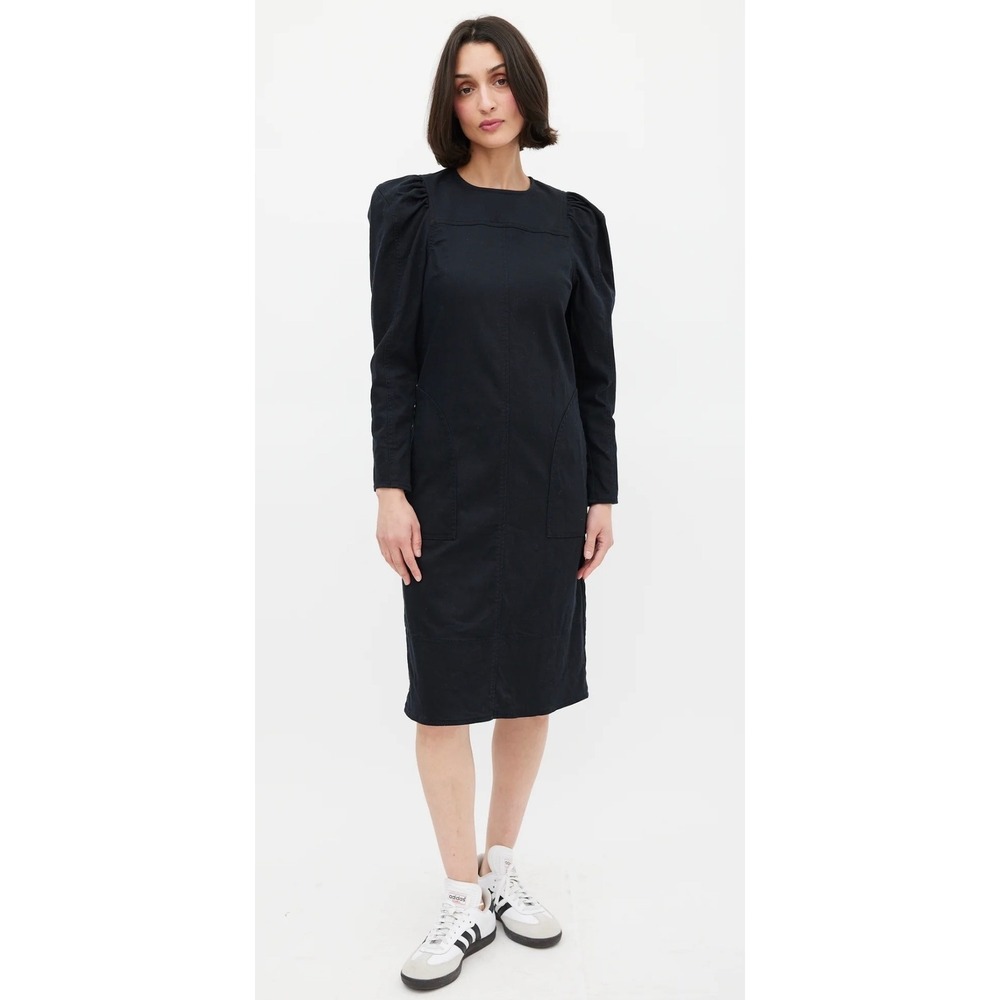 Ulla Johnson Denim Puff Sleeve Midi Shift Black Dress with Pockets Size 8